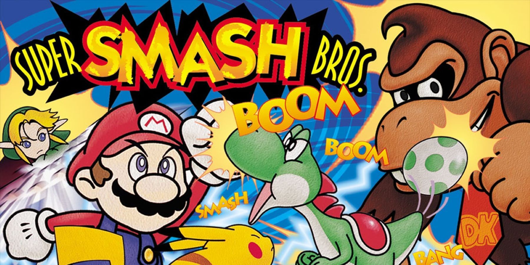 European box art for Super Smash Bros. from the Nintendo 64, featuring Mario, Yoshi, Pikachu, Link, and Donkey Kong