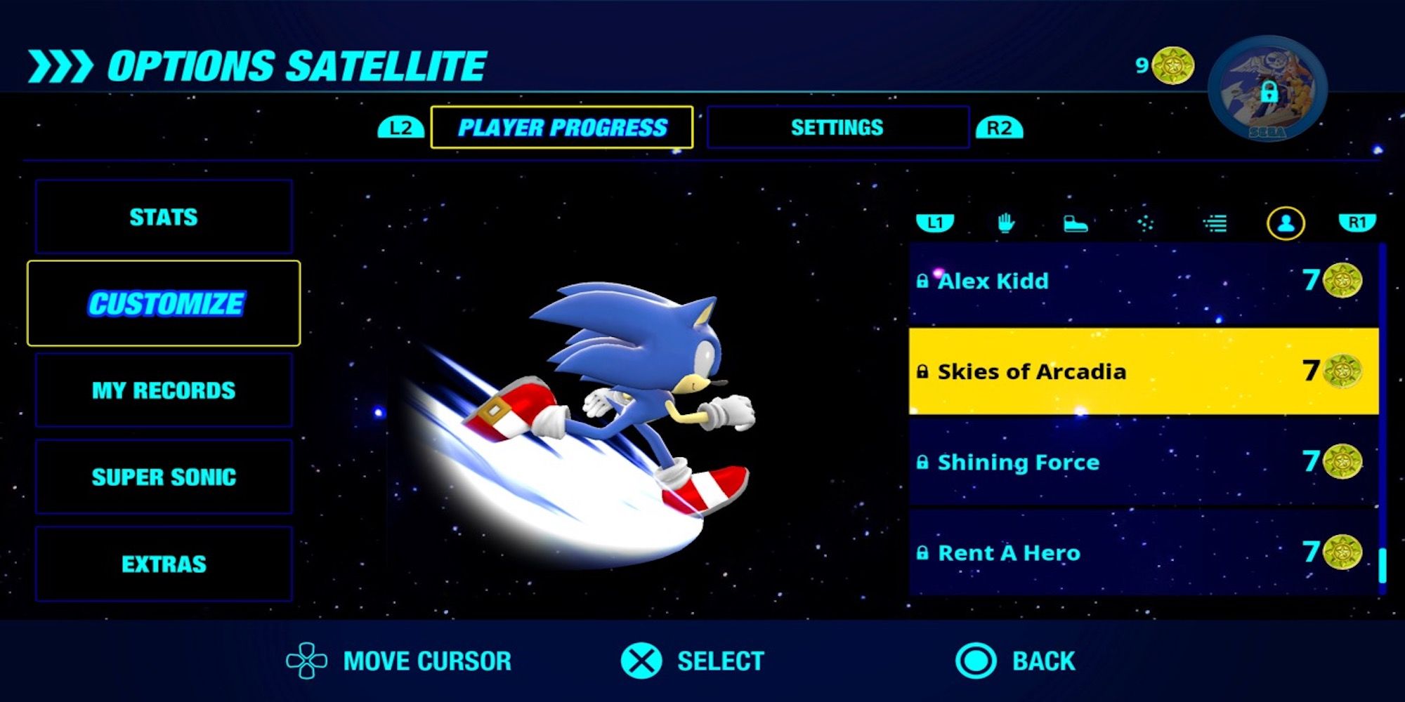 The customization menu from Sonic Colors Ultimate