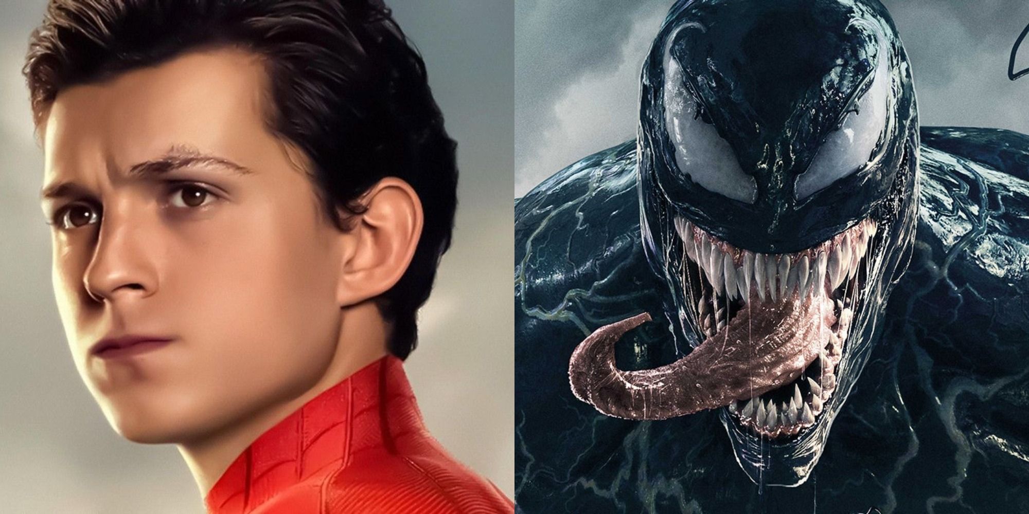 Split image of Tom Holland as Spider-Man and Venom in Sony movies