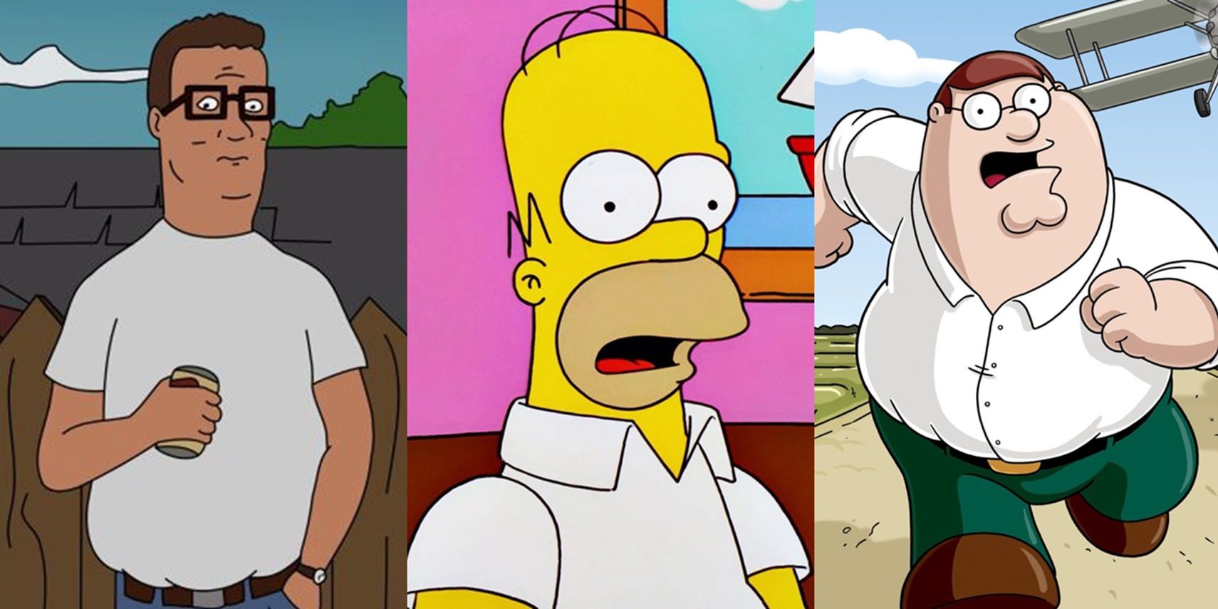 Split image of Hank Hill, Homer Simpson, and Peter Griffin