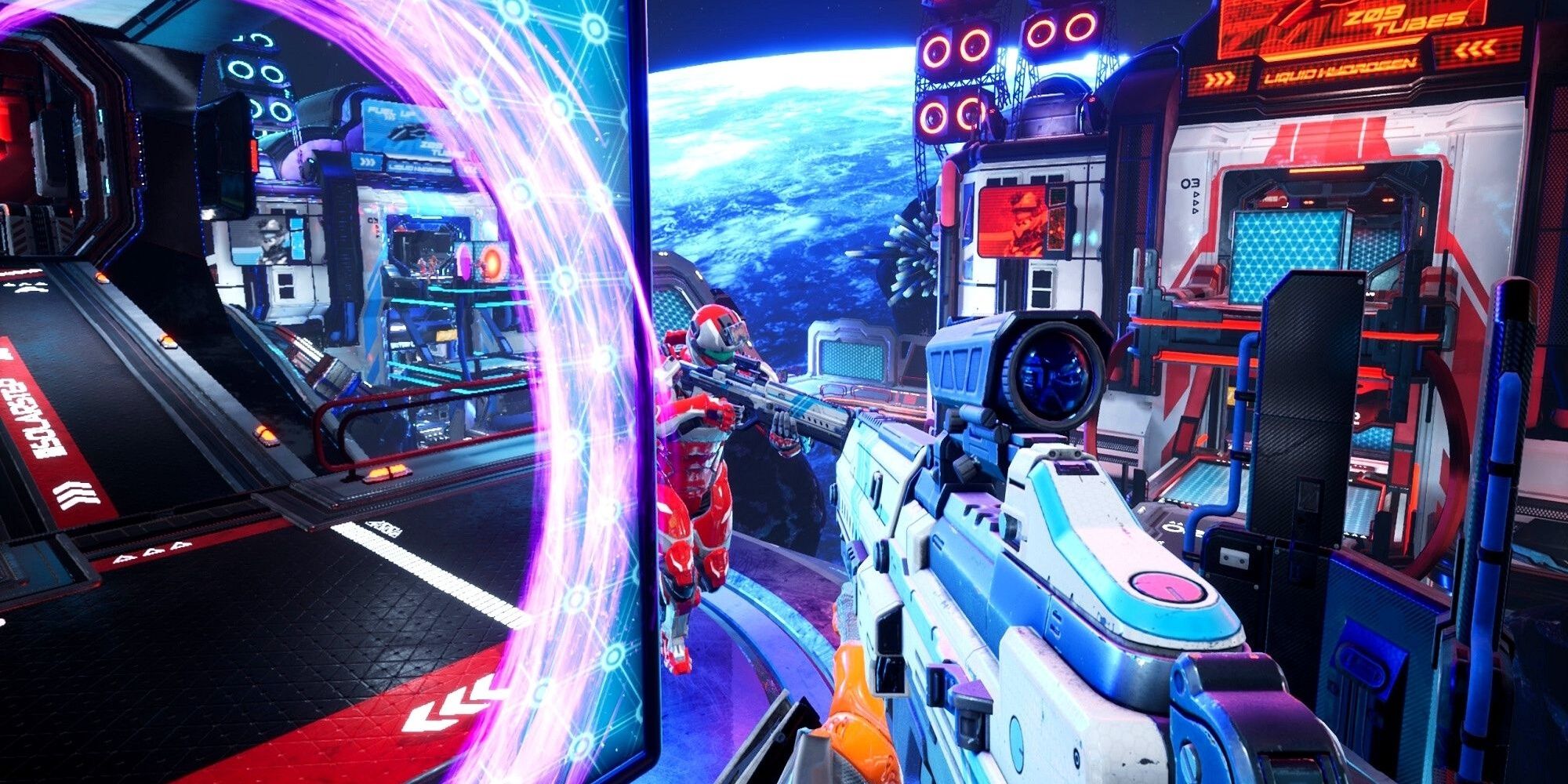 Splitgate Gameplay Aiming At Enemy Next To Portal