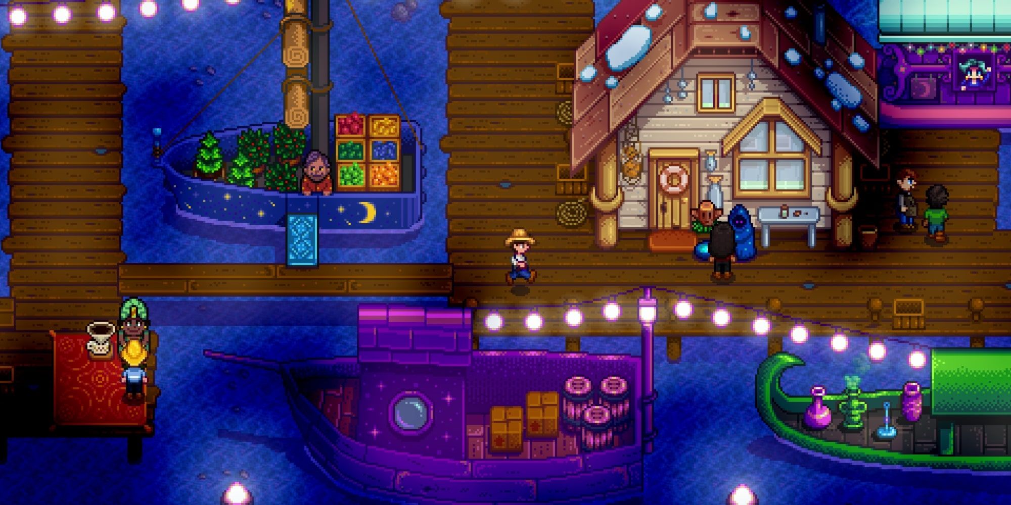Farmer visits the docks at night in Stardew Valley