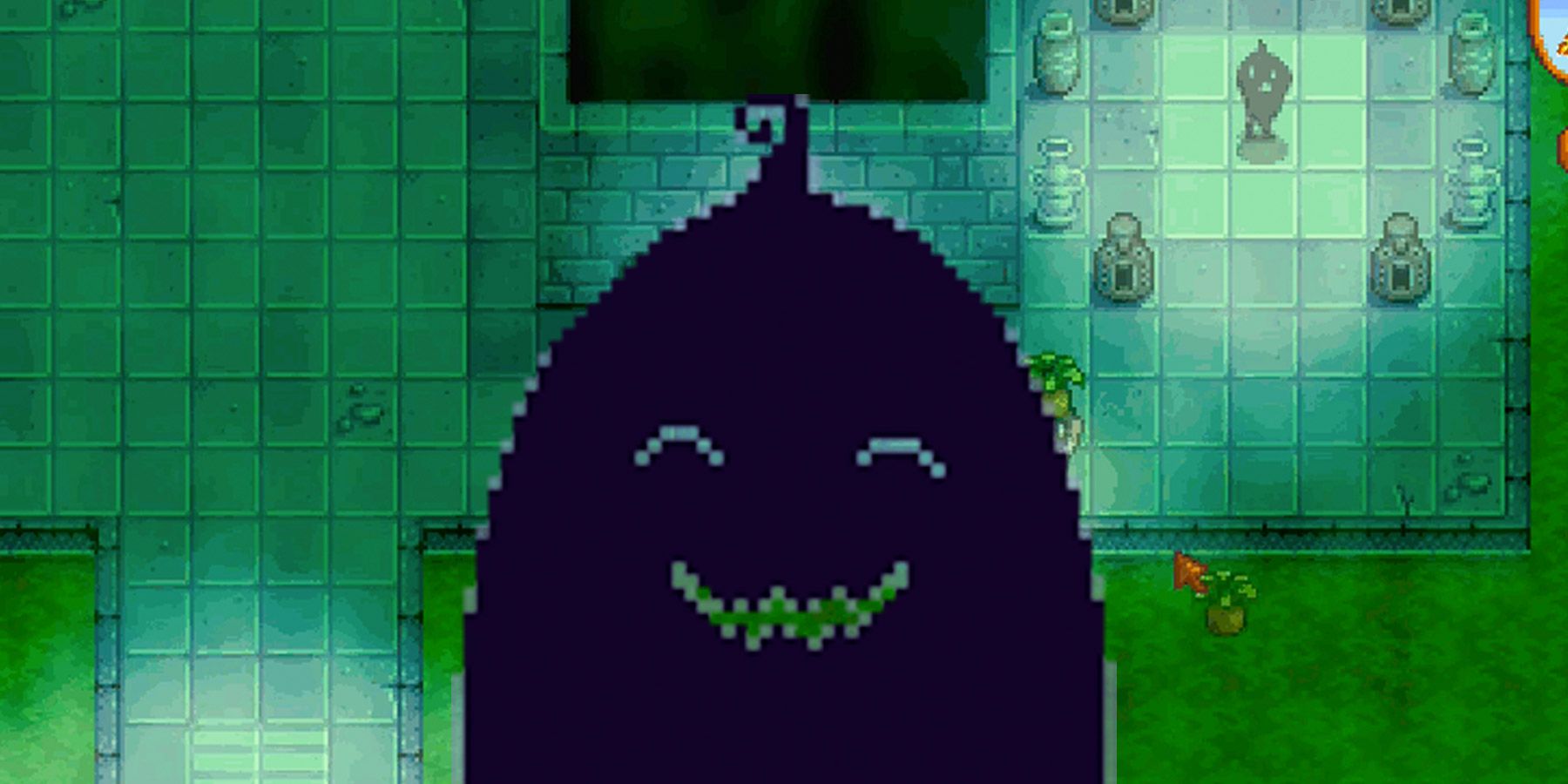 Pixel art - screenshot of video game stardew valley, a green sewer background with krobus, a round black smiling monster