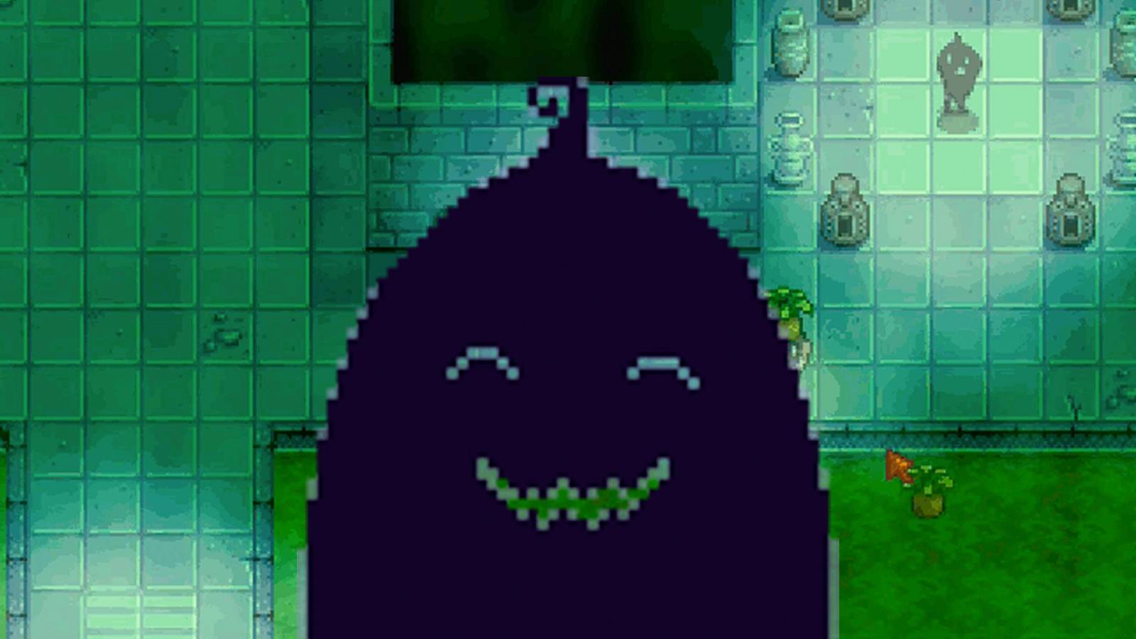 Pixel art - screenshot of video game stardew valley, a green sewer background with krobus, a round black smiling monster