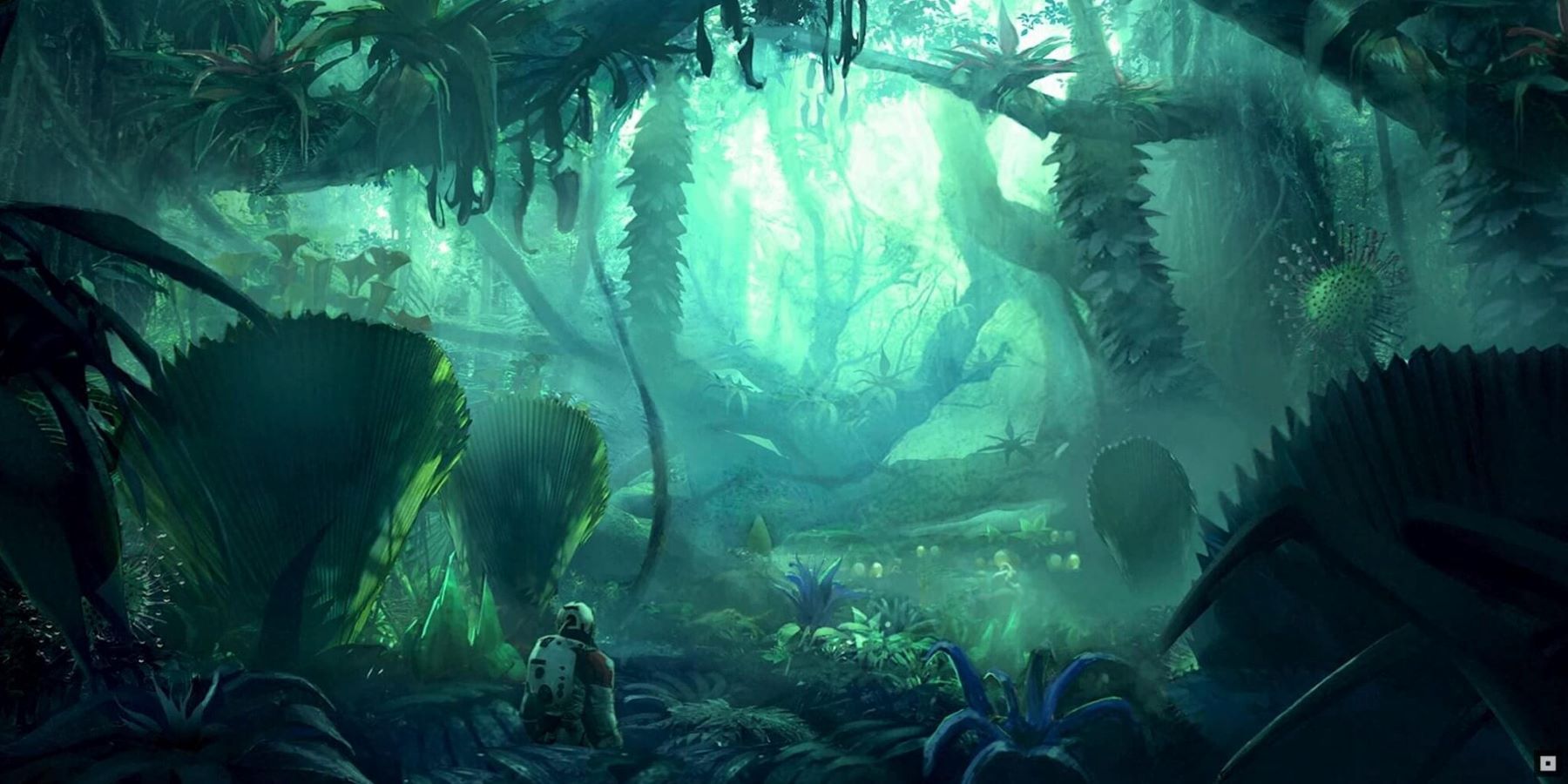 Concept art of an explorer in an alien jungle in Starfield