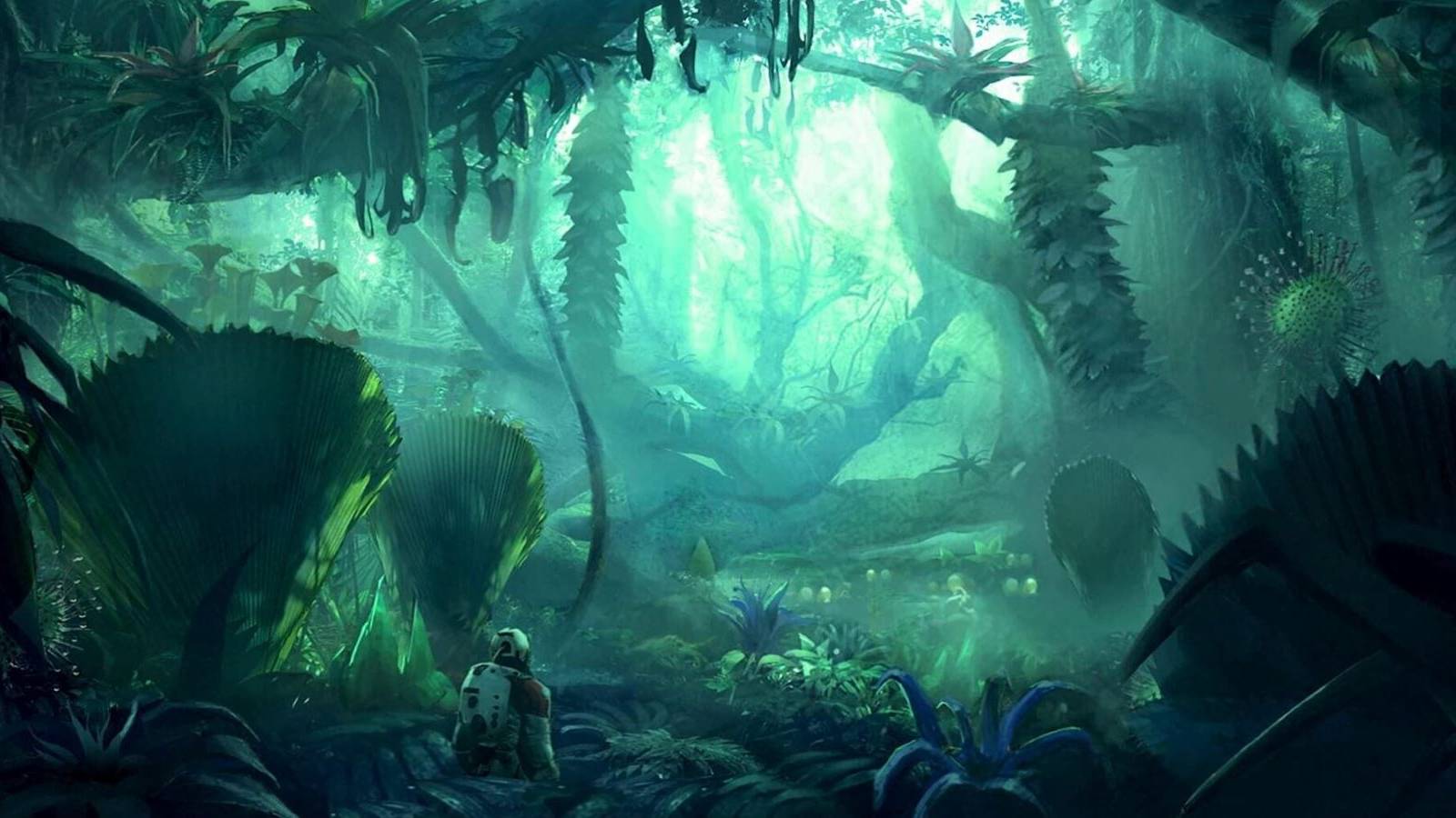 Concept art of an explorer in an alien jungle in Starfield