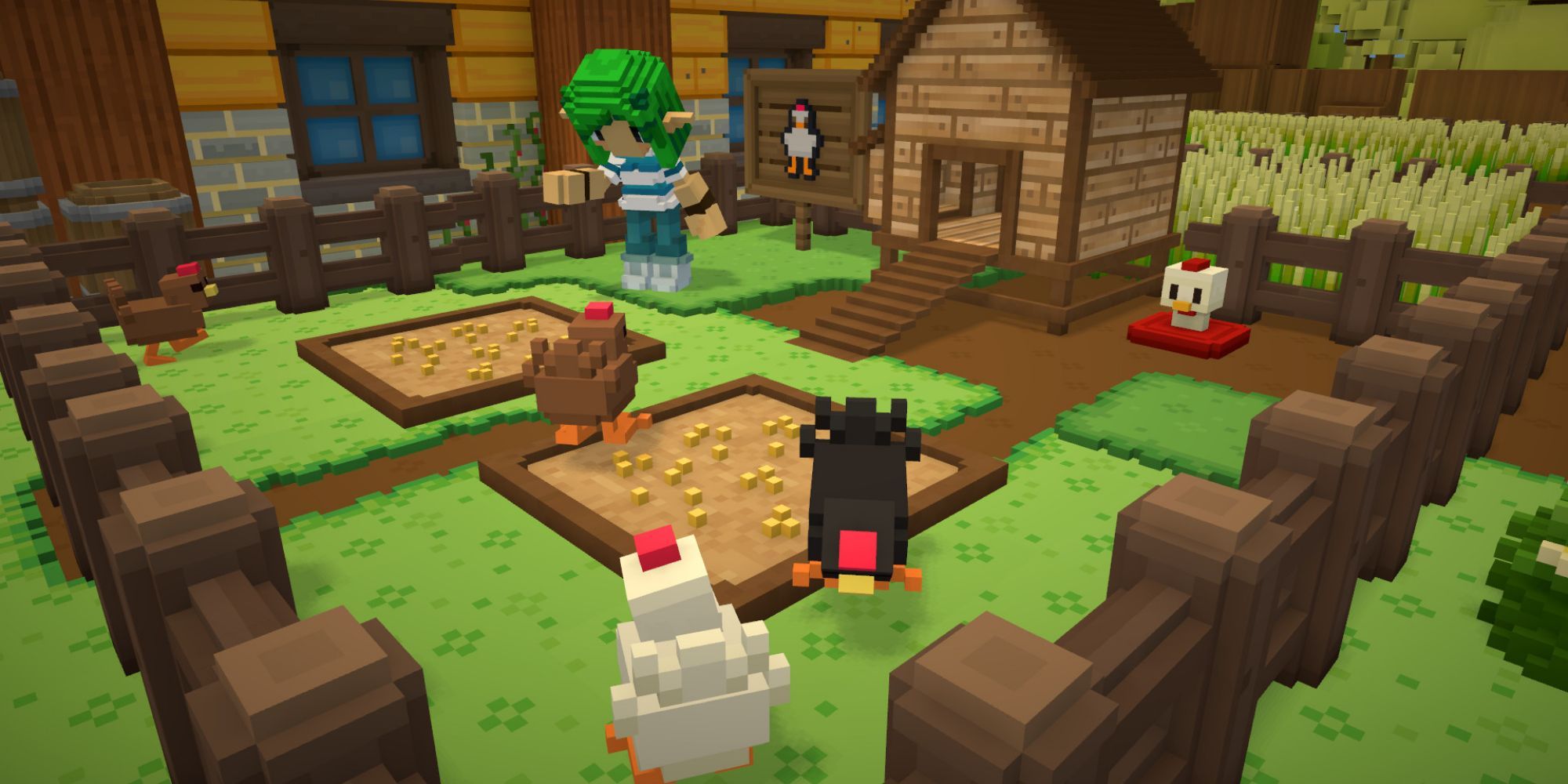 A farmer feeds four of their chickens in Staxel