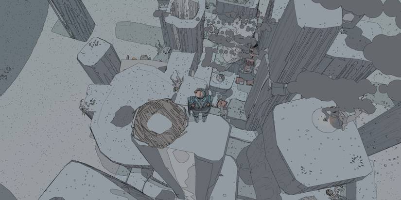 Sable high up looking down at stone pillars and stacks of smoke