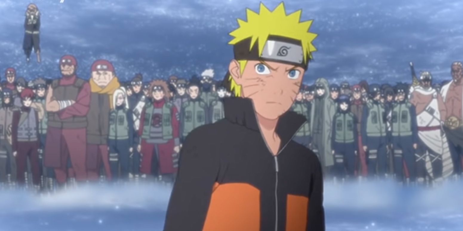 Still Frame From Naruto Shippuden Opening 12 -Silhouette- With Naruto Glaring At The Camera And The Entire Shinobi Army Behind Him