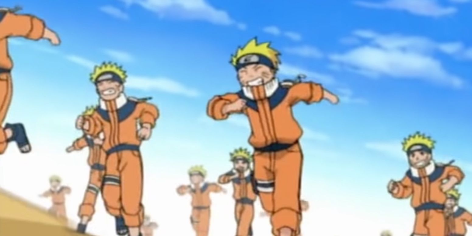 Still Frame From Opening 3 Of The Original Naruto Series -Turning Sadness Into Kindness- With Multiple Narutos Running In A Line