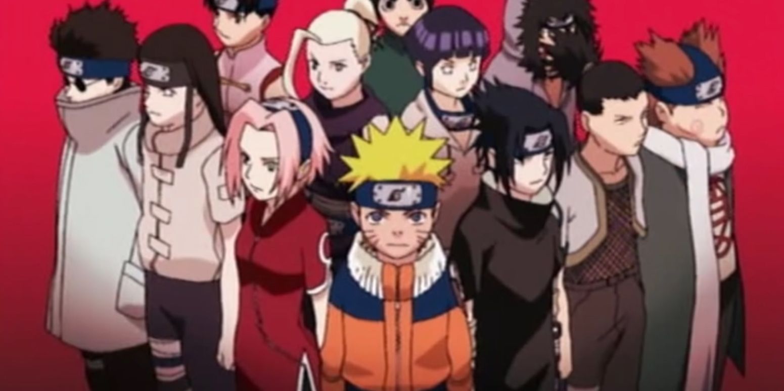Still Frame From Original Naruto Opening 4 -GO!!!- With All The Chunin Exam Ninja Standing In One Big Group