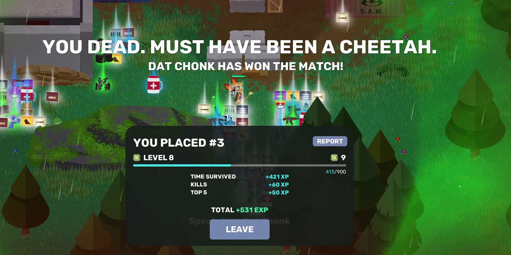 Super Animal Royale - Showing The Lack Of A Play Again Option After Dying