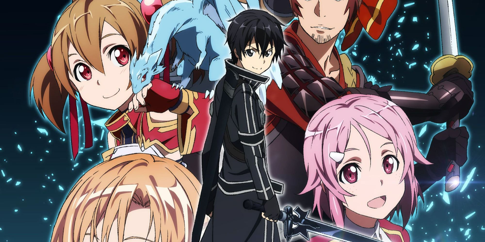 Kirito holding a sword, surrounded by his friends in Sword Art Online