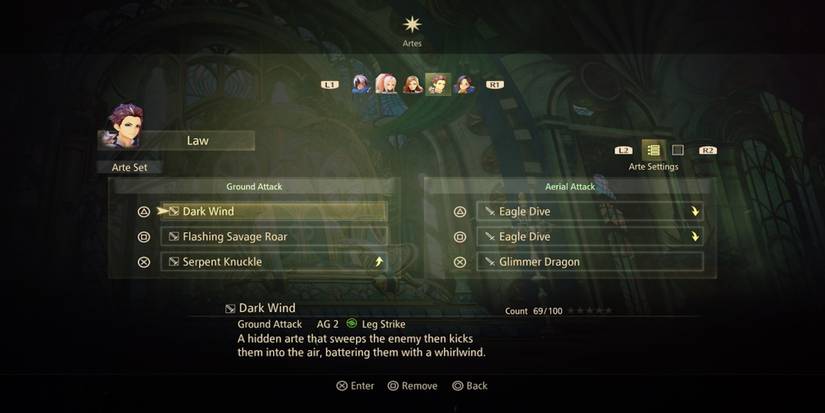 Dark Wind in the Artes menu from Tales of Arise