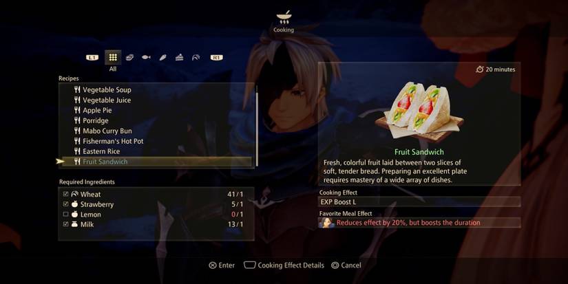 The food menu from Tales of Arise