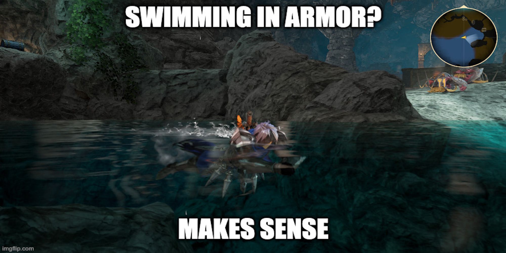 A meme about swimming from Tales of Arise