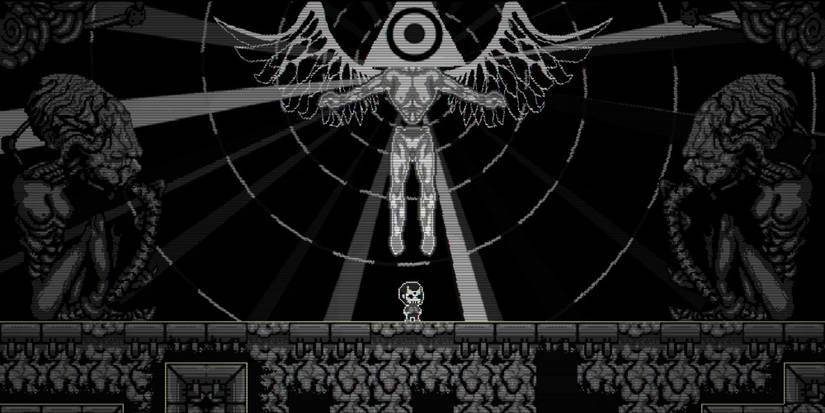 The character from Tamashii standing beneath a warped angel