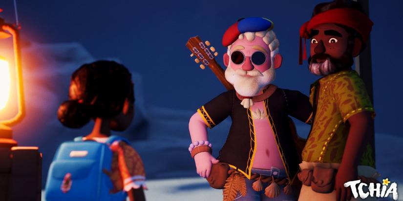 Awaceb's Tchia talking to two adults in the evening