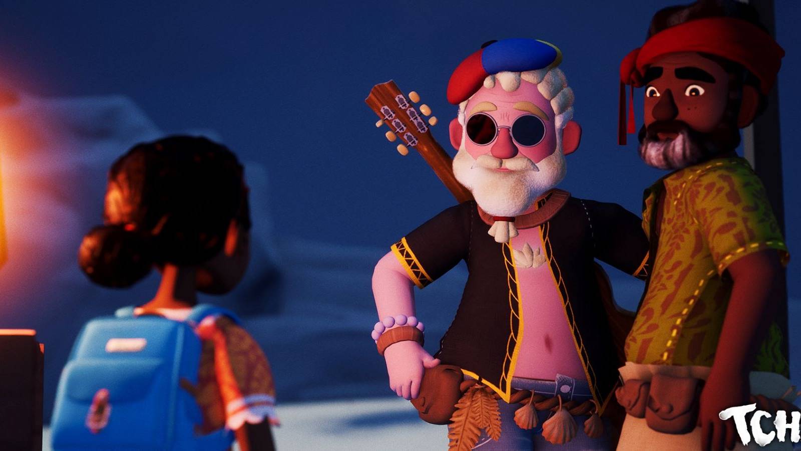 Awaceb's Tchia talking to two adults in the evening