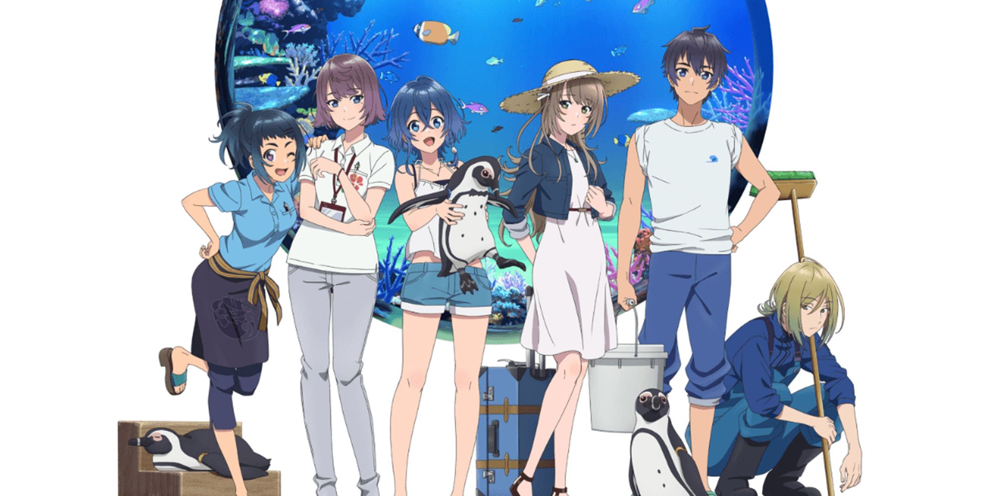 The Aquatope On White Sand - All Of The Main Cast Standing Together For The Cover Art In Front Of A Big Bubble Full Of Fish