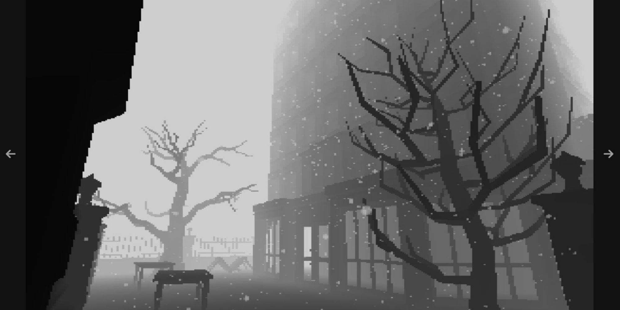 Black and white building, trees, and courtyard in The Drowning Machine