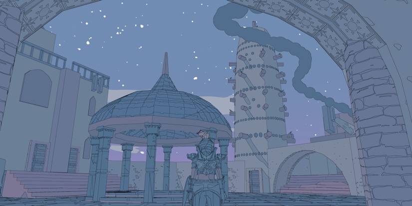 Sable standing in a courtyard with a gazebo and tall bird roost