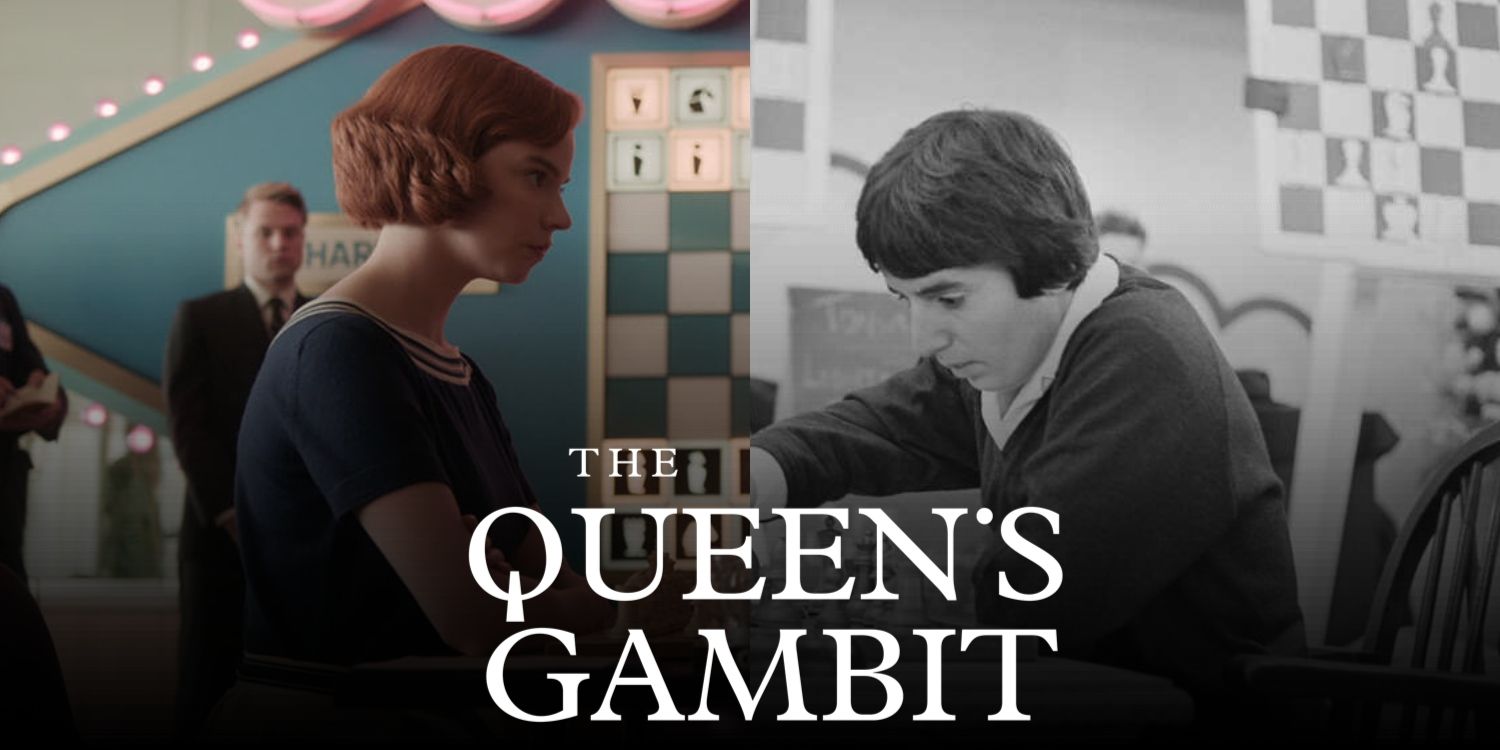 Images of fictional chess player Beth Harmon and real-life chess player Nona Gaprindashvili playing games
