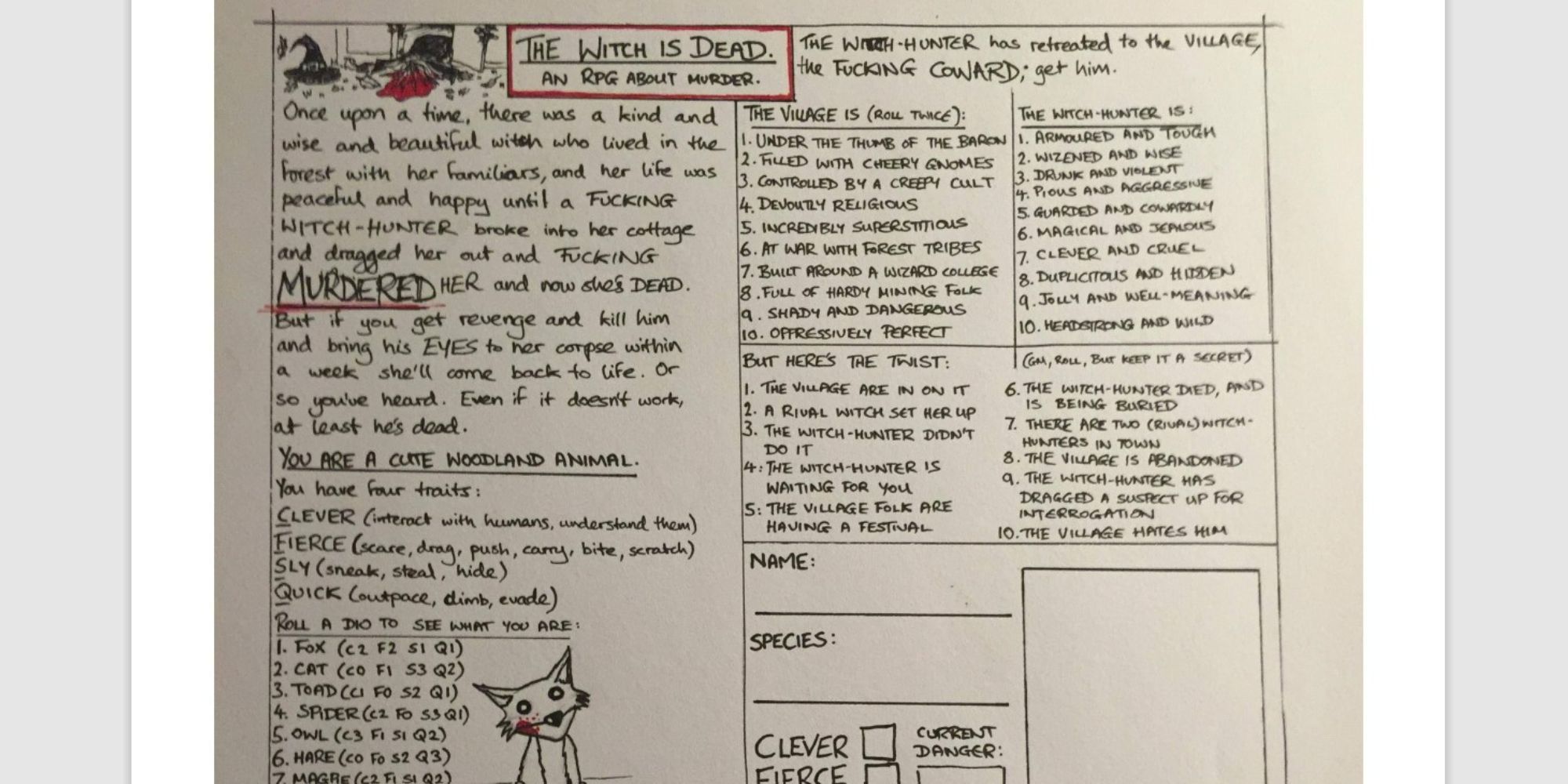 The Witch is Dead one-page RPG with doodle of a bloody fox