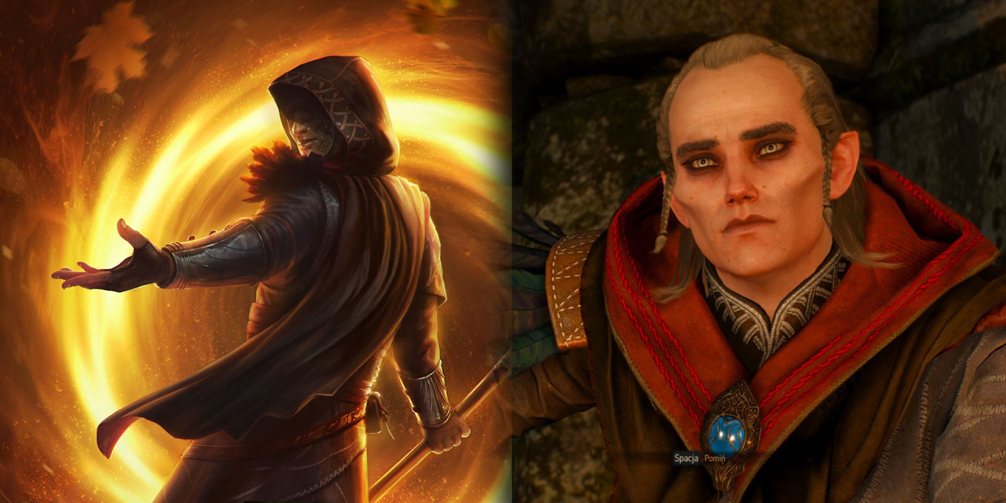 The Witcher - Gwent Card Art For An Elven Sage Side By Side With A Frame Of Avallac'h In The Witcher 3