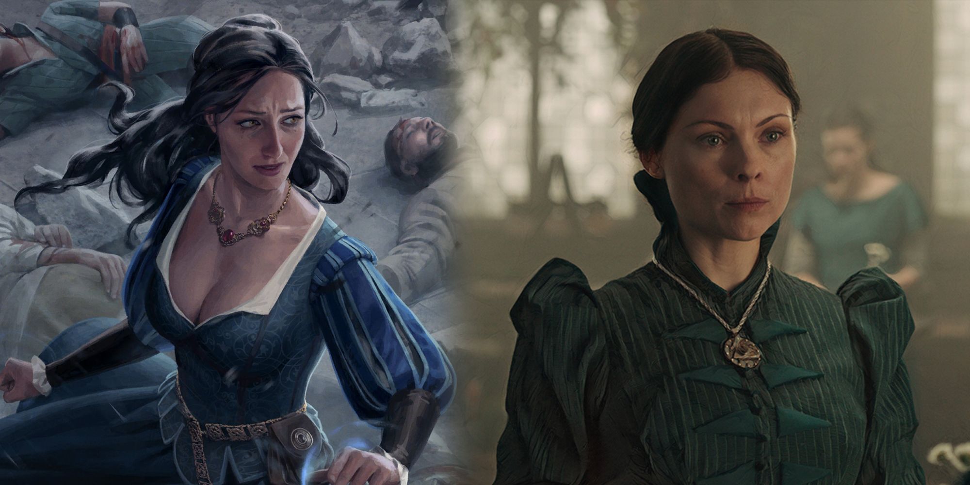 The Witcher - Tissaia Looking Distraught In Her Gwent Card Art Side By Side With Her Looking Dejected In The Netflix Adaptation