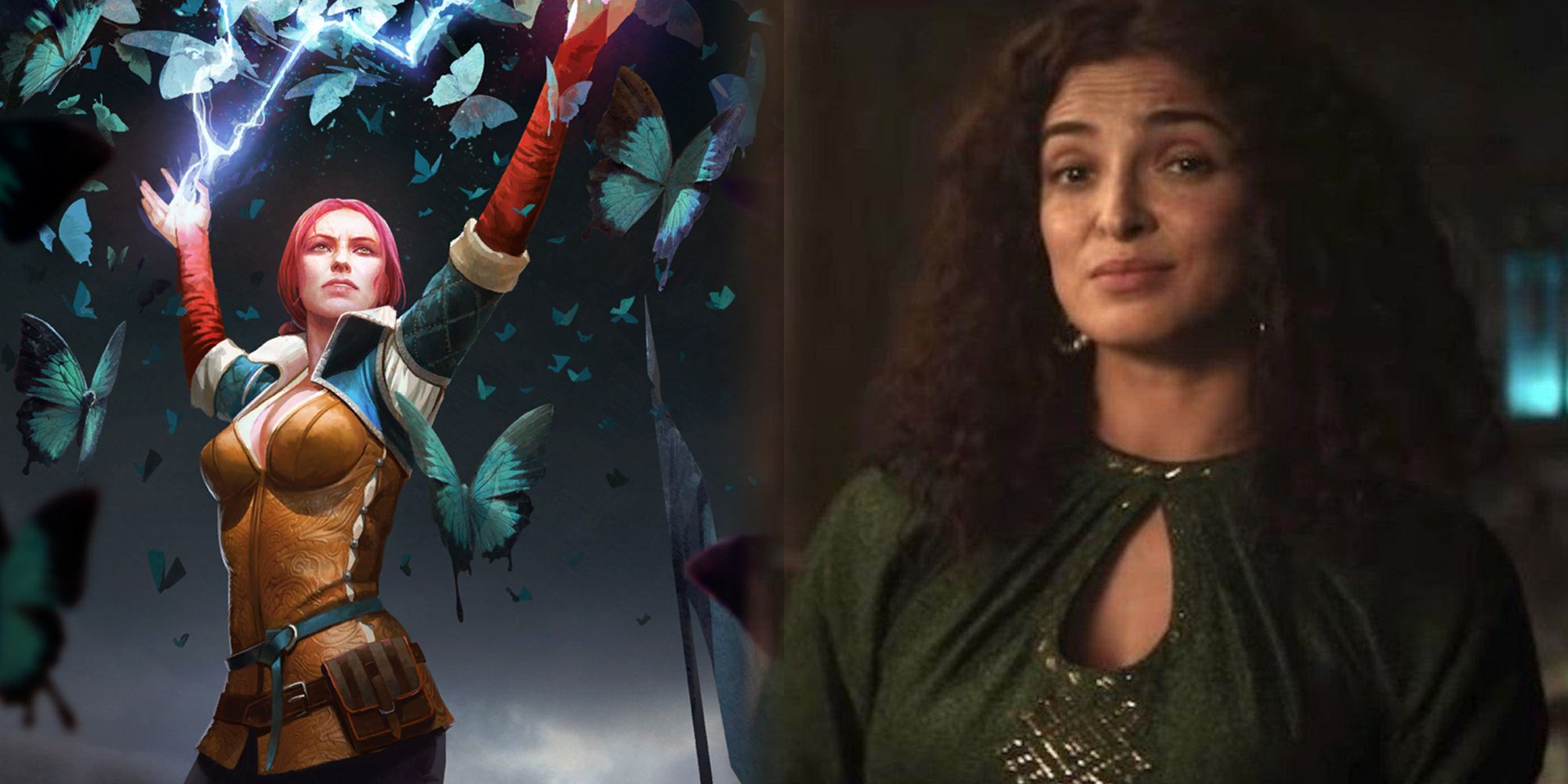 The Witcher - Triss' Gwent Card Art Side By Side With A Frame Of Her In The Netflix Adaptation