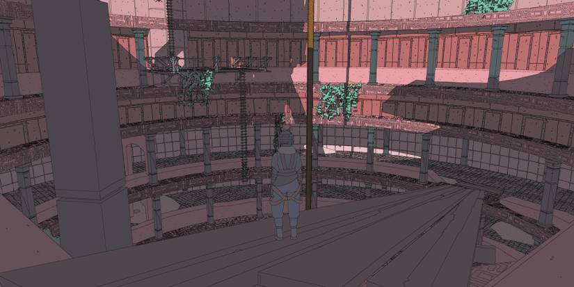 Sable standing at the edge of a ruin going underground