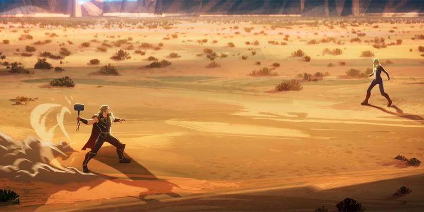 Thor and Captain Marvel fight in the desert in episode 7 of What If
