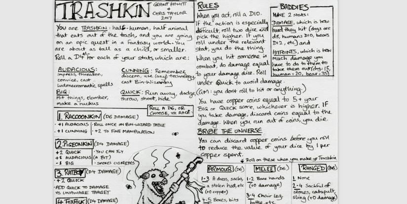 Trashkin one-page RPG with doodle of a ratboy holding a staff