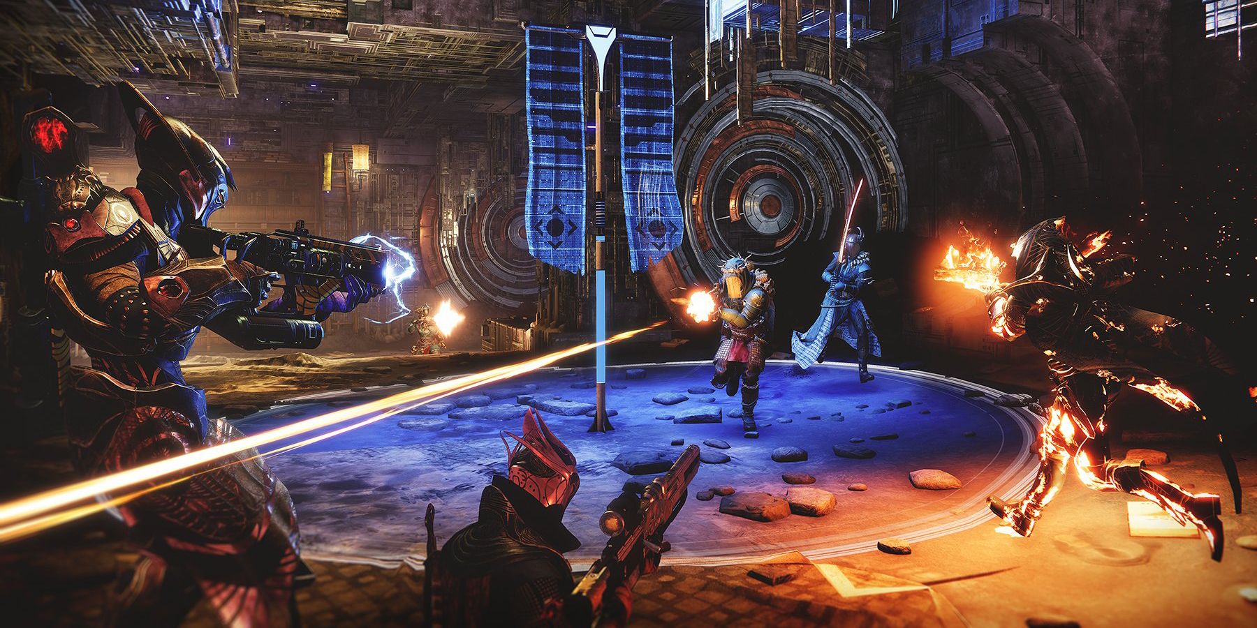 Two fireteams of three battle around a flag capture zone at the end of a round in Destiny 2's Trials of Osiris game mode.