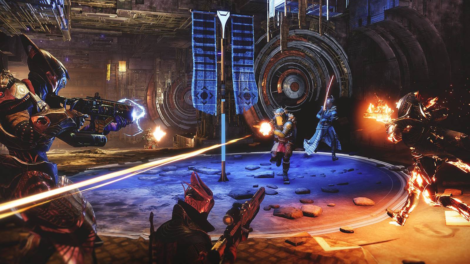 Two fireteams of three battle around a flag capture zone at the end of a round in Destiny 2's Trials of Osiris game mode.