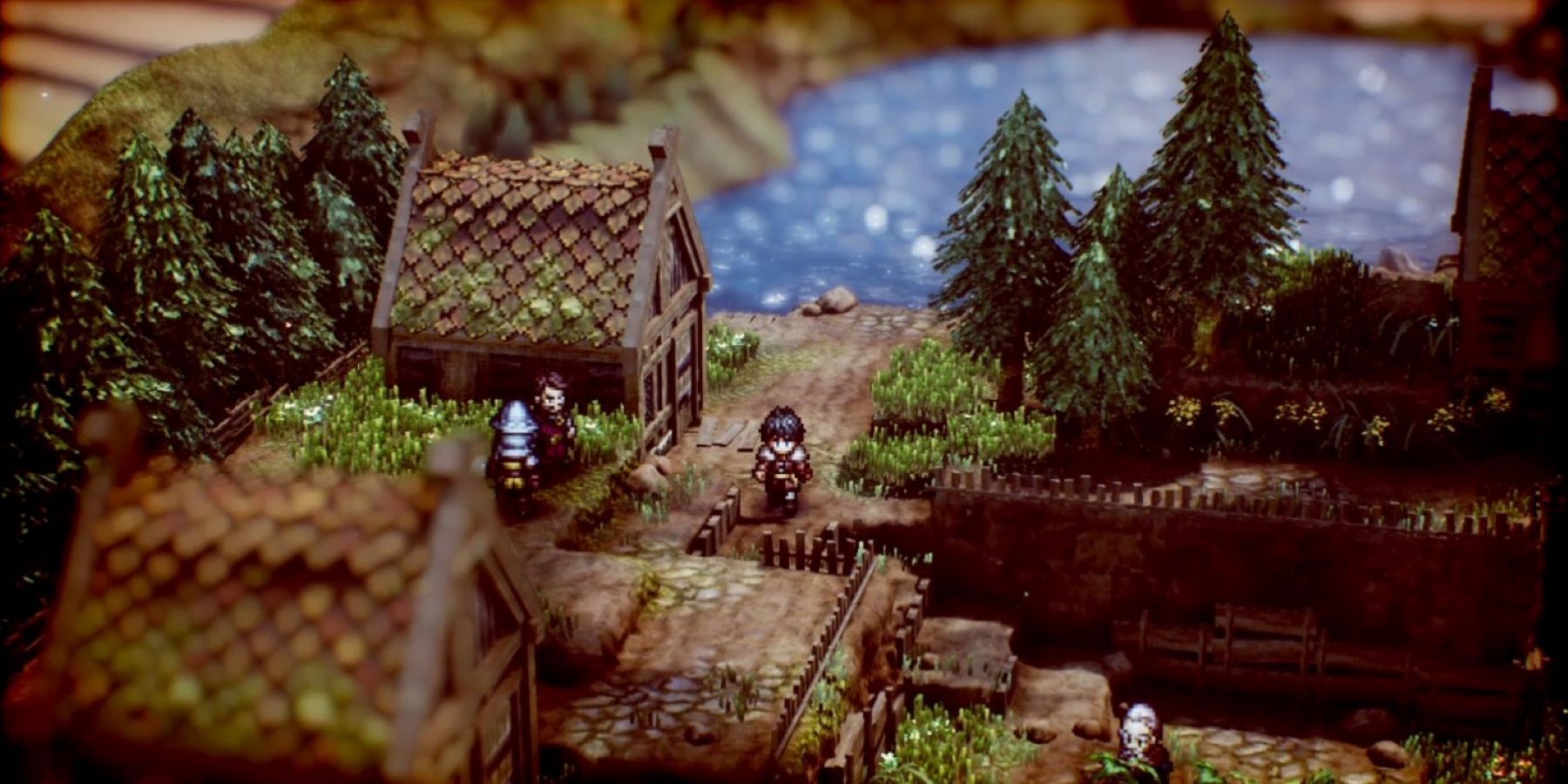 A screenshot of a forested village with some NPCs in Square Enix's Project Triangle Strategy