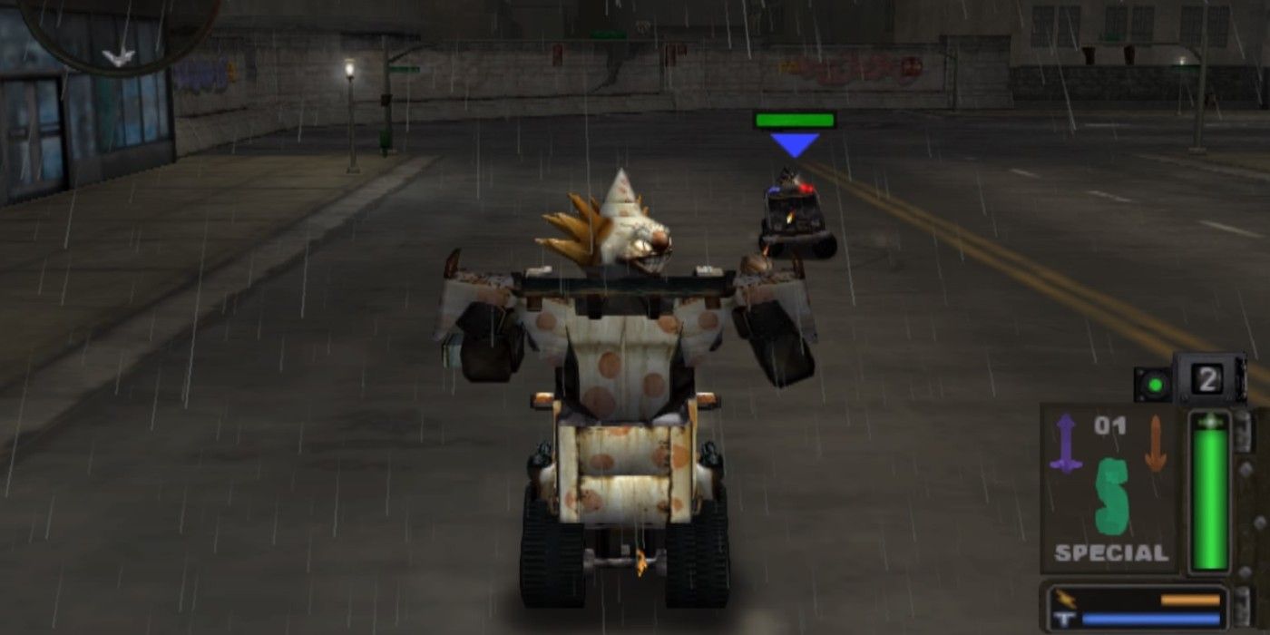 Outlaw robotic vehicle on rainy road in Twisted Metal Black PS2
