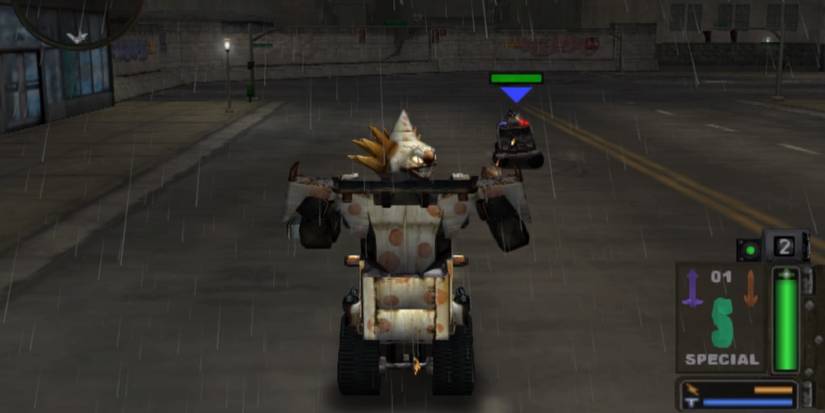 Outlaw robotic vehicle on rainy road in Twisted Metal Black PS2