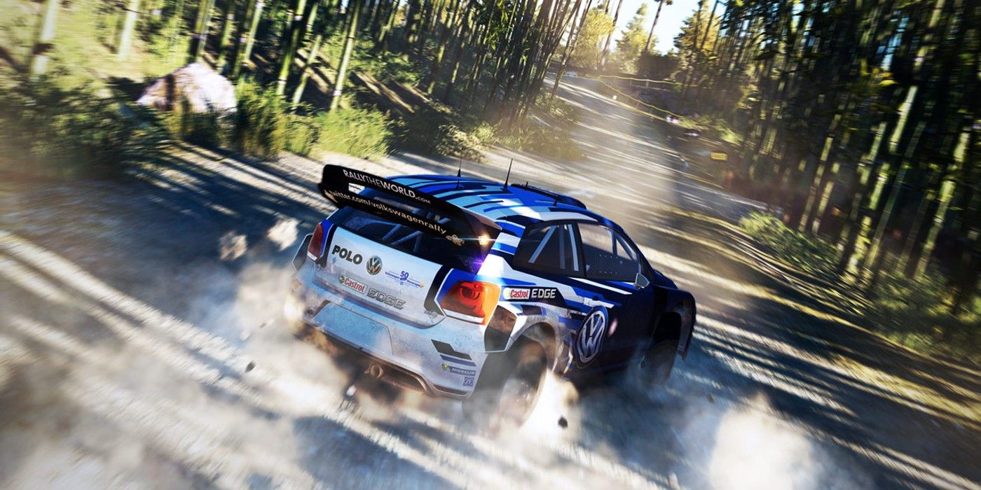 Dusty sharp turn in forested area in V-Rally 4 Switch