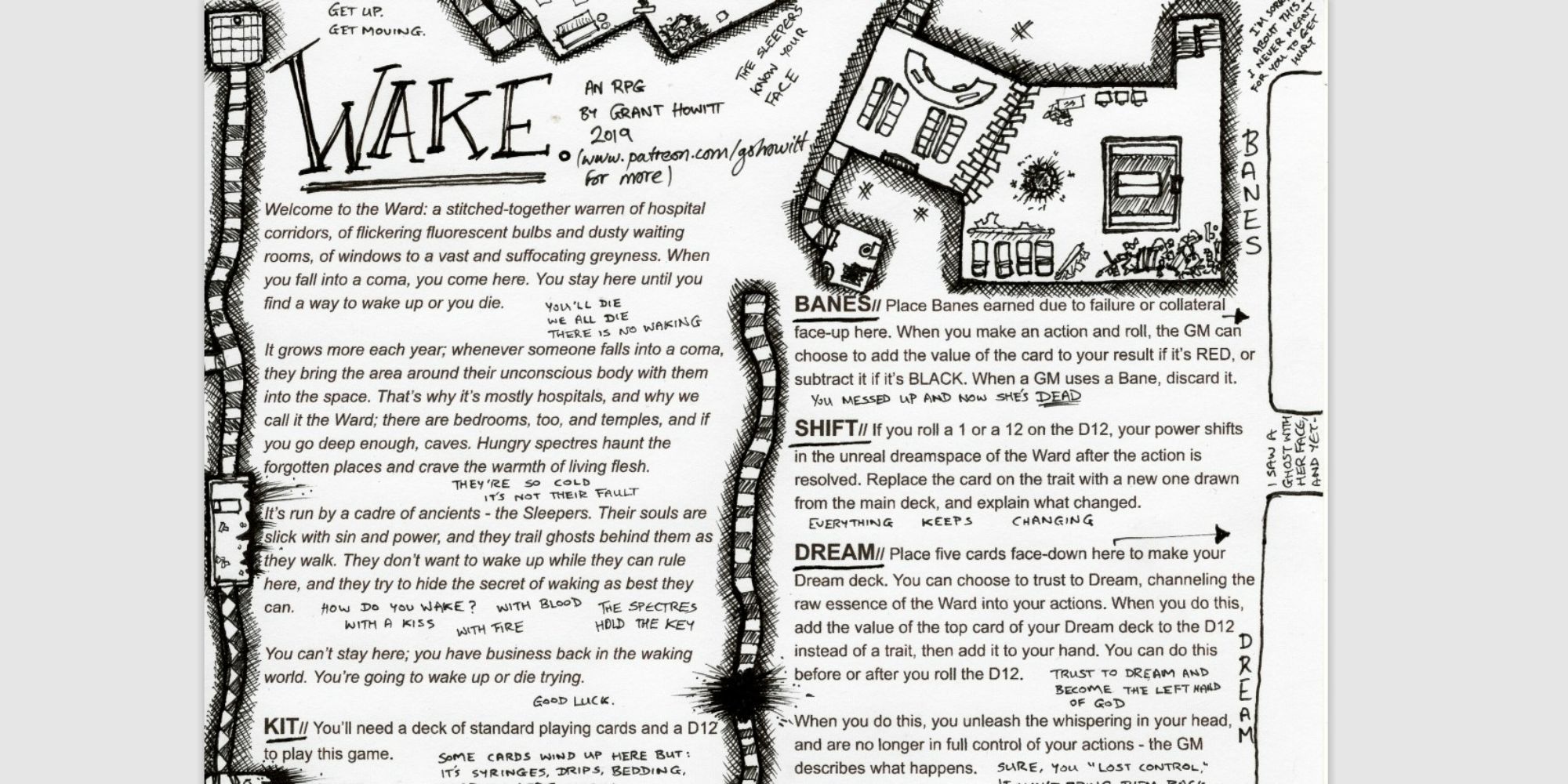 Wake one-page RPG with doodles of the Ward