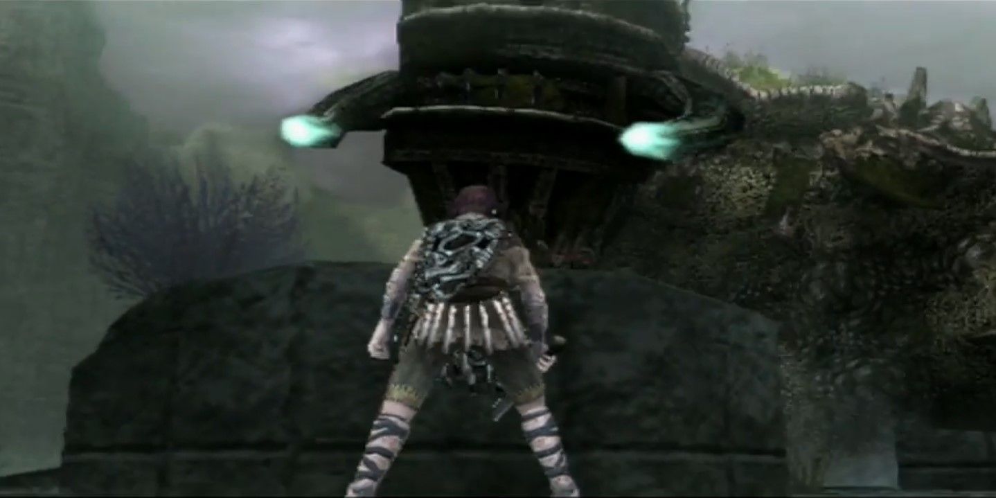 Wander facing a colossus in Shadow Of The Colossus