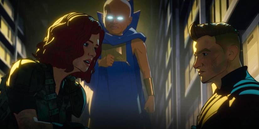 The Watcher observes while Black Widow and Hawkeye talk in KGB archives in What If...? Episode 8