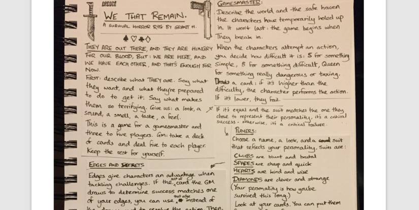 We That Remain one-page RPG with doodles of a pistol and knife