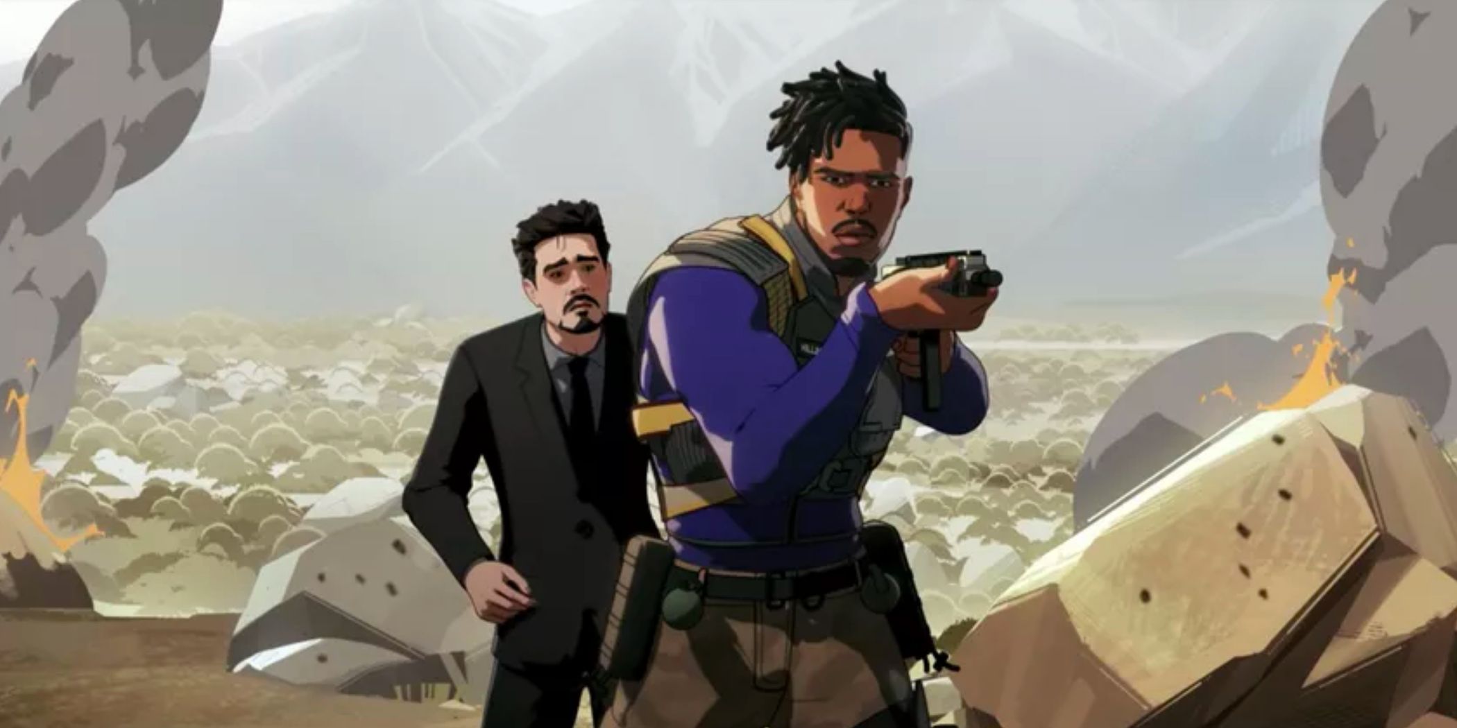 Erik Killmonger stands in front of Tony Stark with his gun in What If episode 6