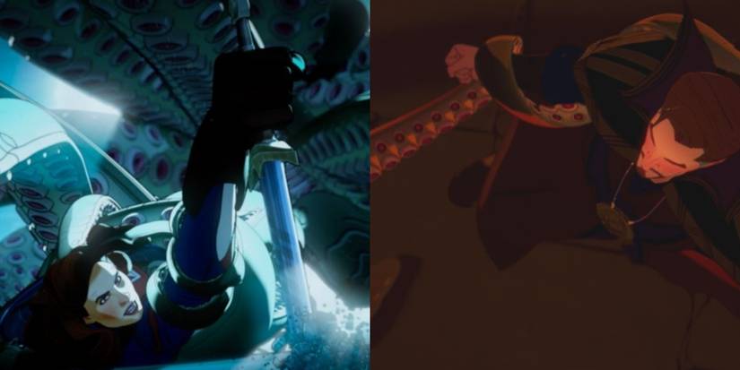 A split image depicts Peggy Carter battling a tentacled monster in What If episode 1 and Doctor Strange battling one in What if episode 4
