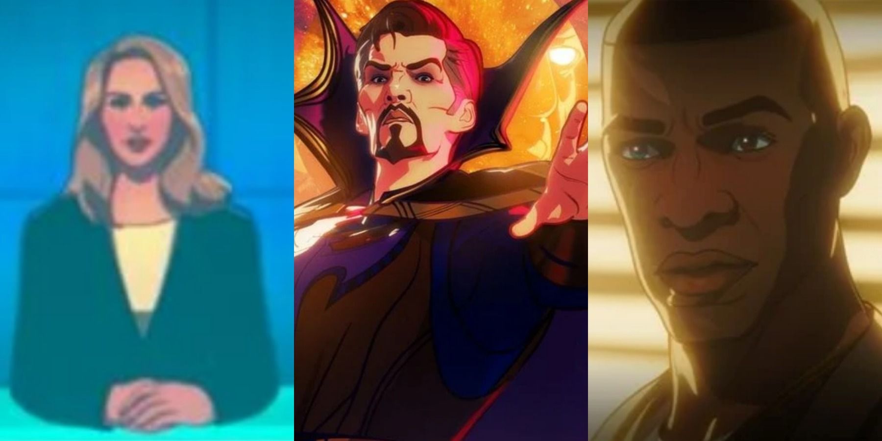 A split image depicts Christine Everhart, Doctor Strange, and O-Bengh in What If...? episode 4