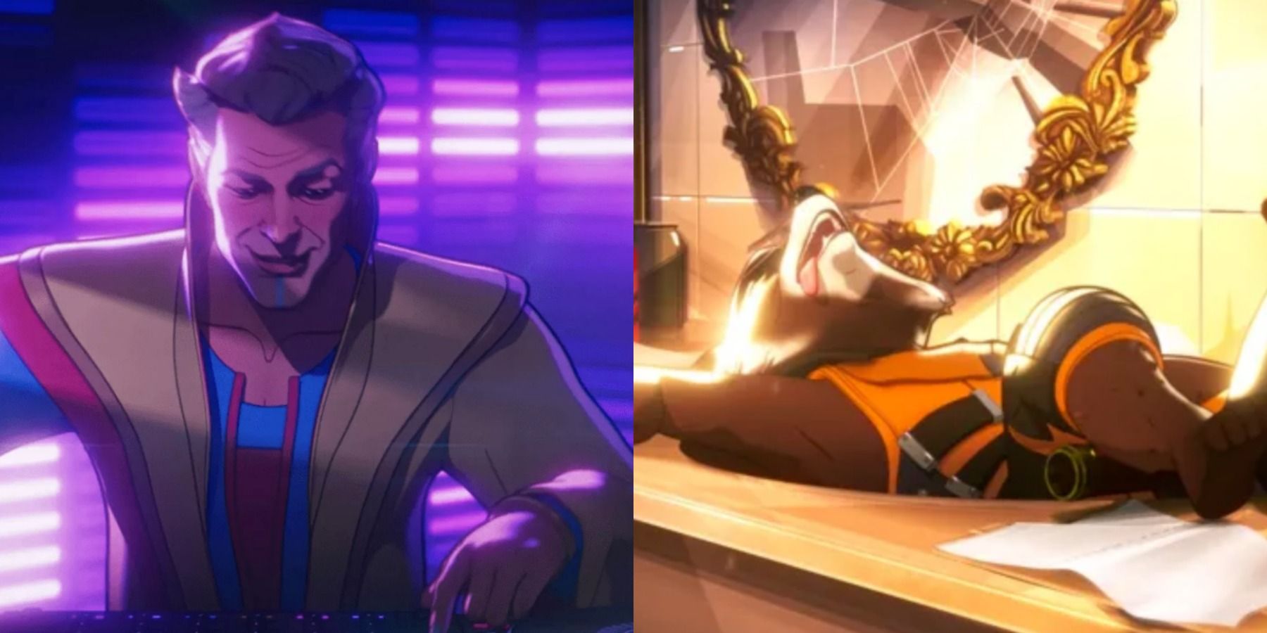 A split image depicts cameos from the Grandmaster and Rocket Raccoon in What If Episode 7