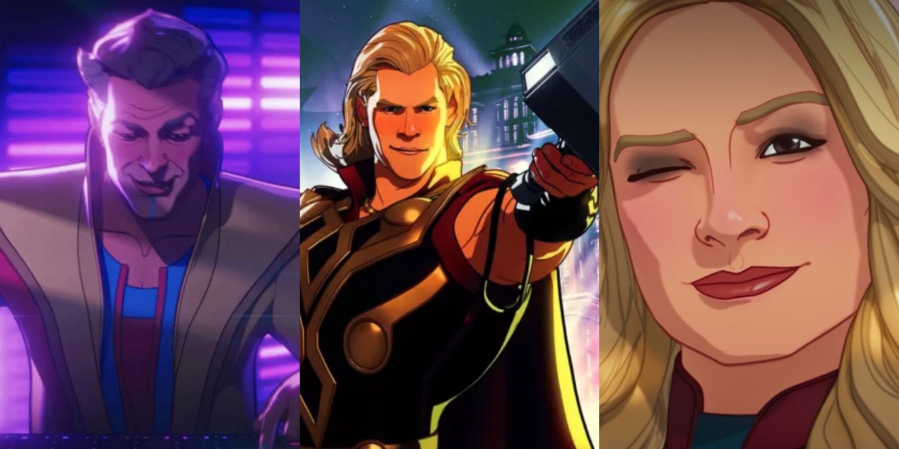 A split image depicts the Grandmaster, Thor, and Captain Marvel in What If Episode 7