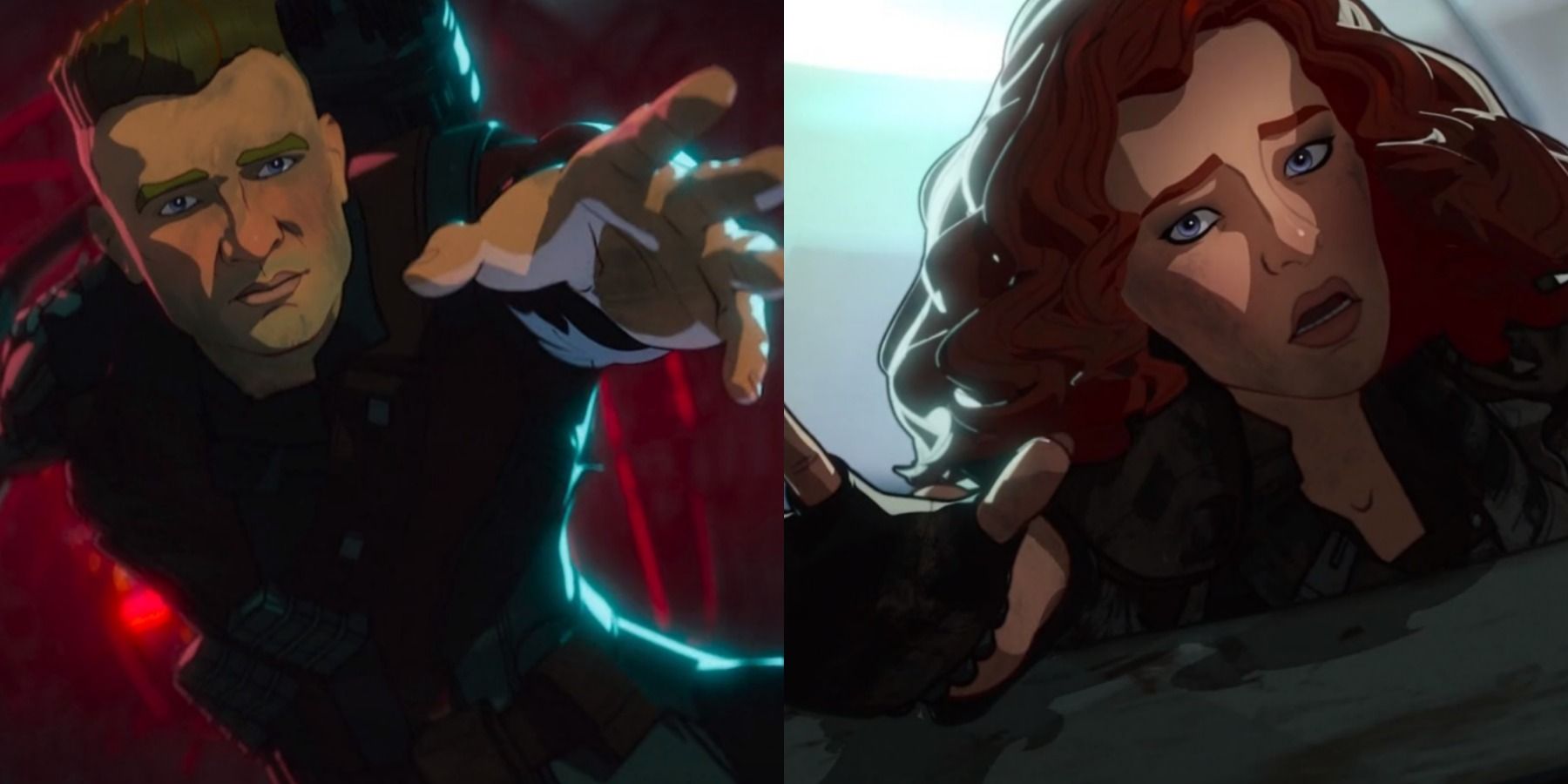 A split image depicts Hawkeye sacrificing himself and Black Widow reaching for him in What If...? Episode 8